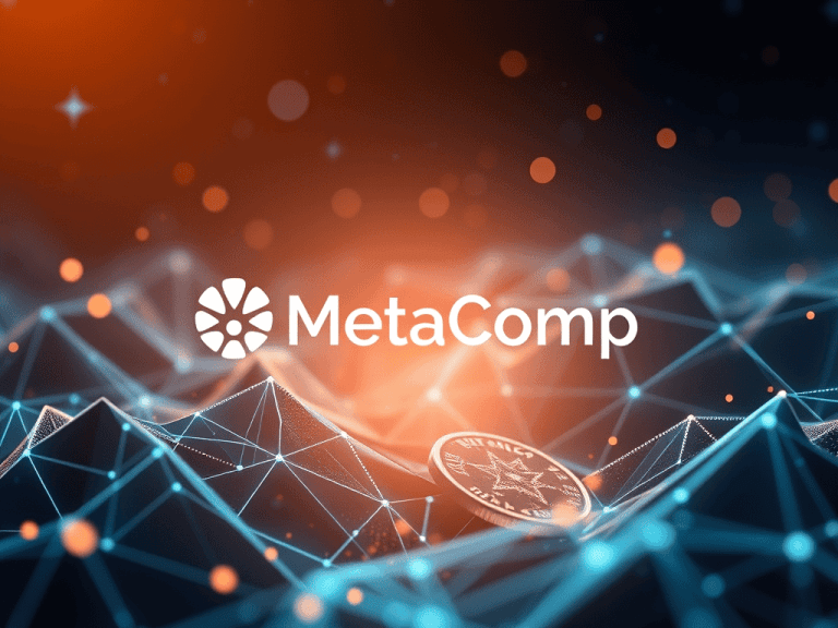 Logo MetaComp avec une pièce de cryptomonnaie sur un réseau numérique orange et bleu brillant.