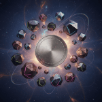 Metallic disc surrounded by glowing geometric polyhedrons orbiting in deep space.