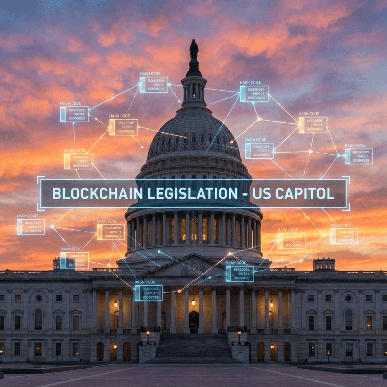 Digital network overlay on U.S. Capitol at sunset with text BLOCKCHAIN LEGISLATION - US CAPITOL.