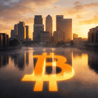 Large glowing Bitcoin symbol floating on a river with a city skyline during sunset.