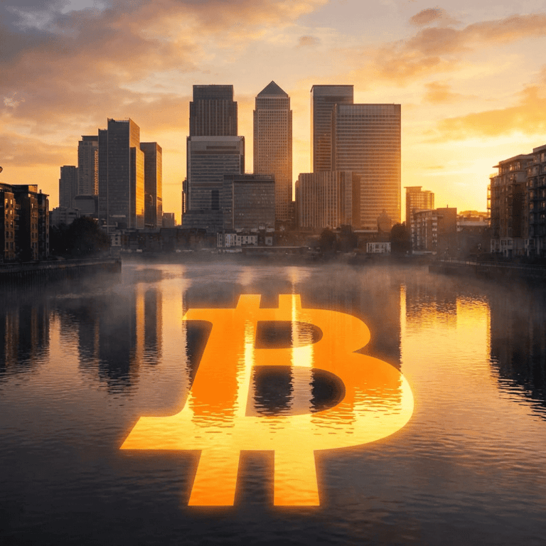 Large glowing Bitcoin symbol floating on a river with a city skyline during sunset.