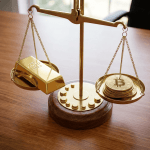 Golden balance scale weighing a gold bar against a stack of Bitcoin coins.