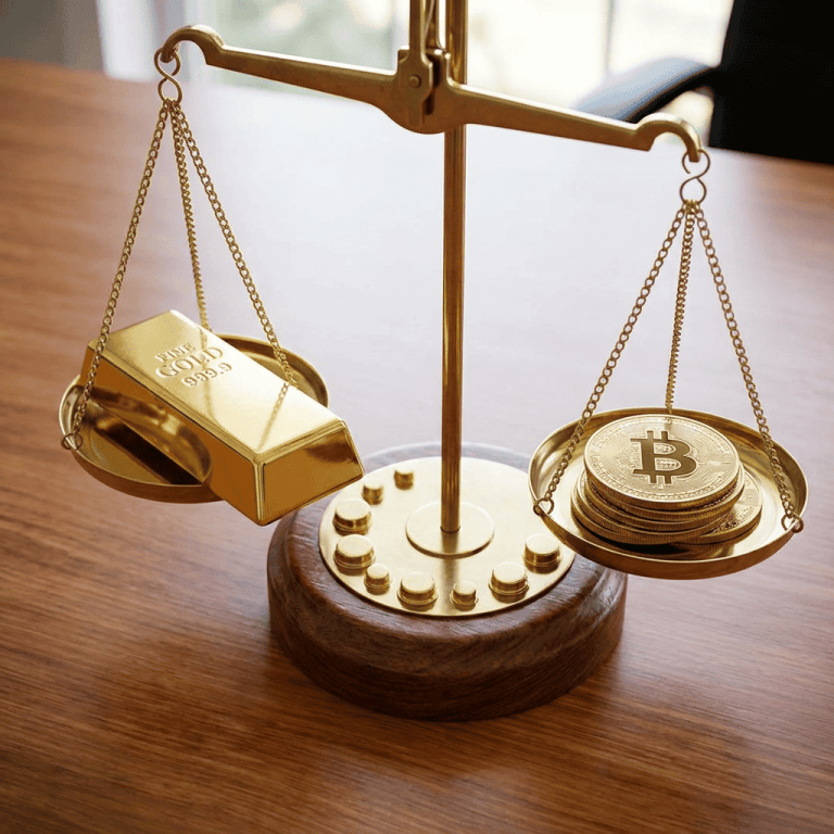 Golden balance scale weighing a gold bar against a stack of Bitcoin coins.