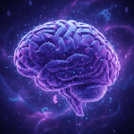 A glowing purple digital brain surrounded by floating data points and currency symbols.