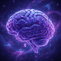 A glowing purple digital brain surrounded by floating data points and currency symbols.