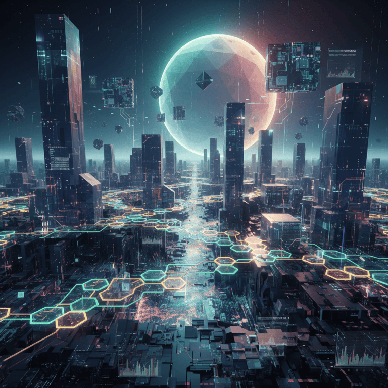 Futuristic cityscape with dark towers, glowing hexagonal pathways, and a large crystalline moon.