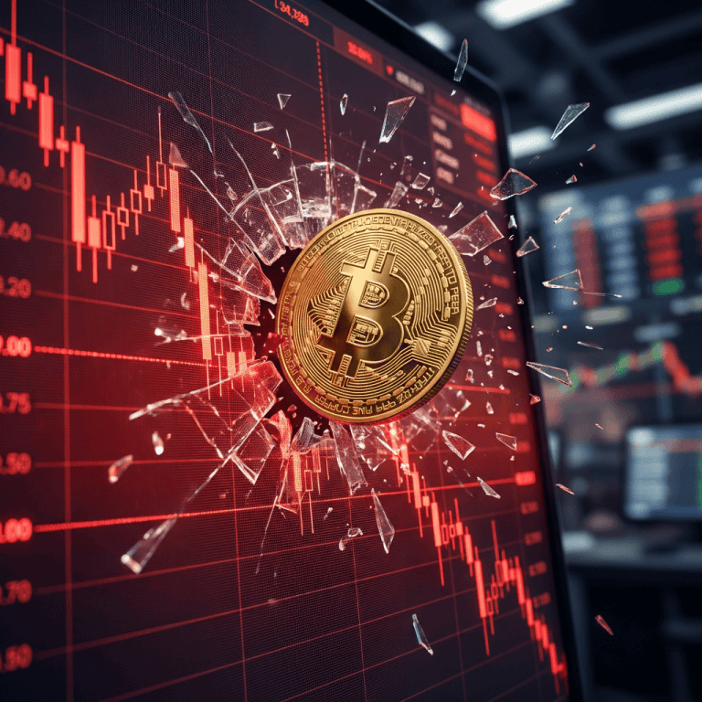 Gold Bitcoin coin breaking through a monitor showing a red stock market chart decline.