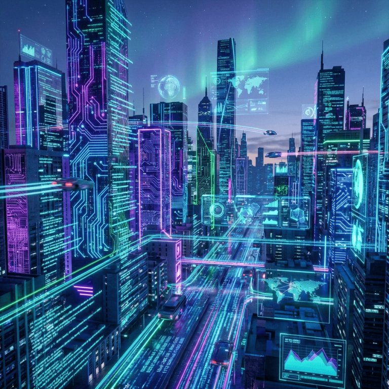 A futuristic city at night with neon-lit buildings, digital overlays, and data-driven infrastructure.