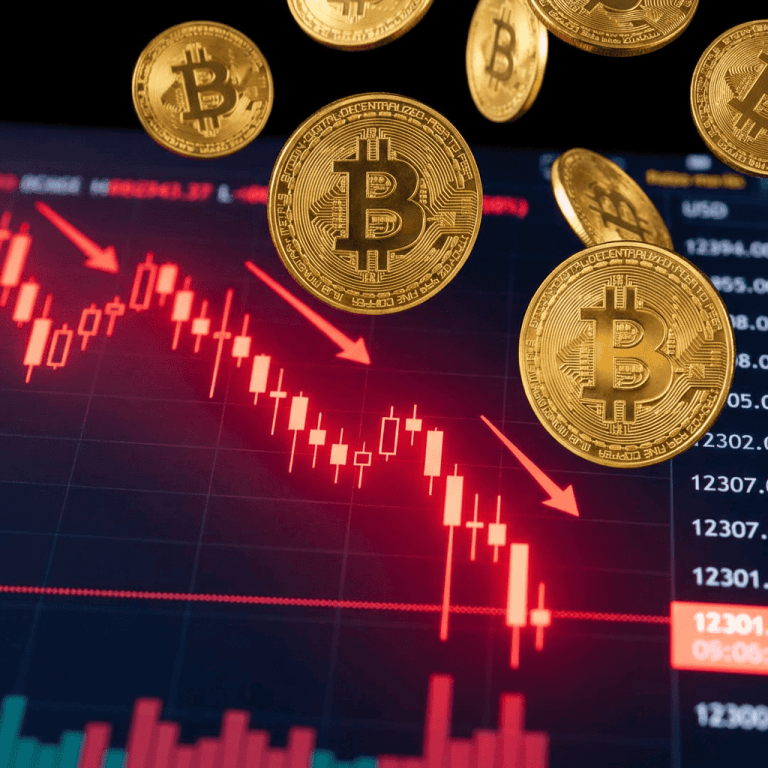 Gold Bitcoins floating over a red downward-trending cryptocurrency candlestick chart with arrows.