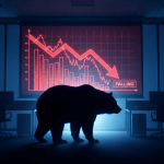 A silhouette of a bear in front of a red chart illustrating a market decline, with the word 'FALLING' displayed.