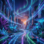 Alien city landscape with crystal buildings, neon light paths, and futuristic vehicles at night.