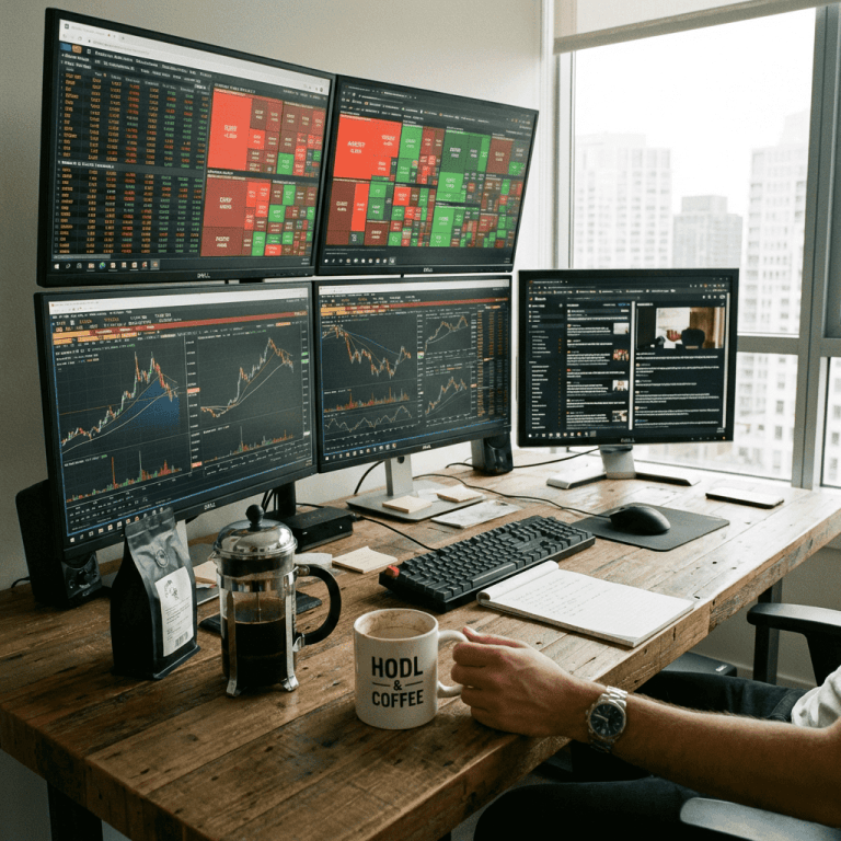 Professional trading workstation with five monitors displaying financial charts and a 'HODL' coffee mug.