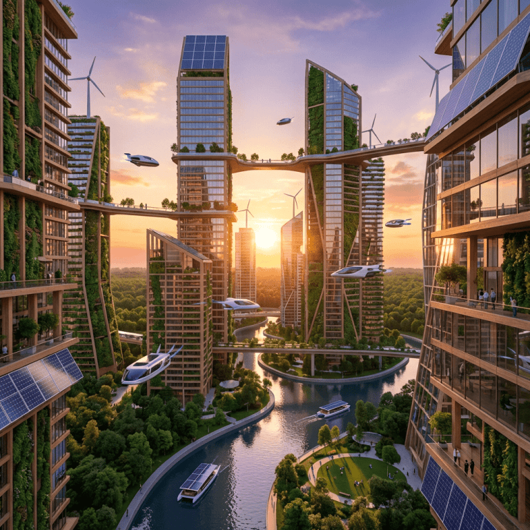 Futuristic city with green skyscrapers, flying cars, solar panels, and wind turbines at sunset.