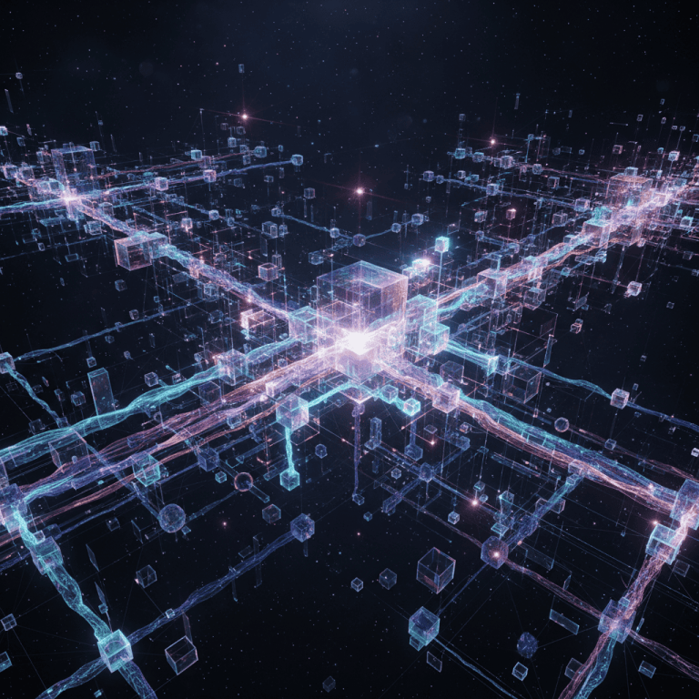 Glowing translucent cubes connected by shimmering energy pathways against a dark starry background.