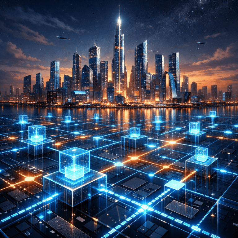 Futuristic city skyline with glowing digital blockchain network grid in foreground