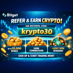 Bitget referans promosyonu, krypto30 kodu ile $5.000'e kadar bonus, komisyon ve şanslı çevirme ödülü sunuyor