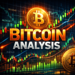 Analiz için Bitcoin logosu, mum grafikler ve fiyat verileri