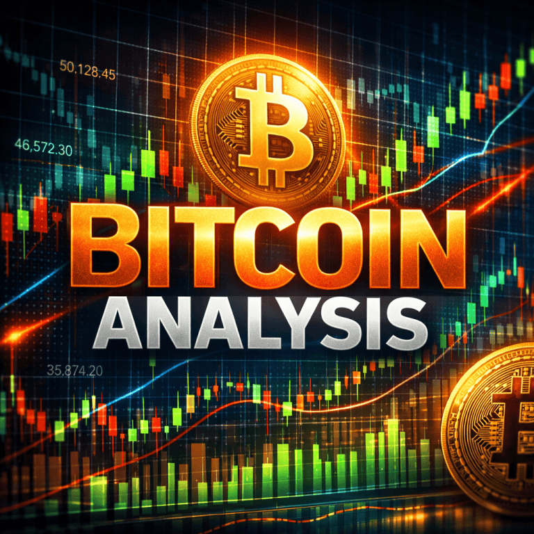 Bitcoin logo with candlestick charts and price data for analysis
