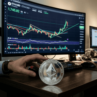 Hand holding a silver Ethereum coin with a computer screen displaying Ethereum price charts and trading data