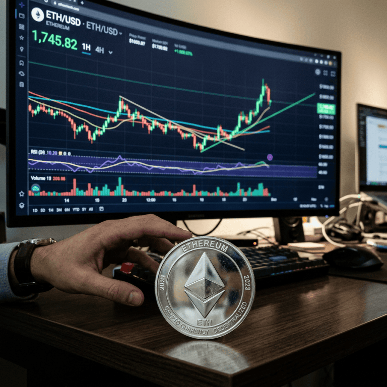 Hand holding a silver Ethereum coin with a computer screen displaying Ethereum price charts and trading data