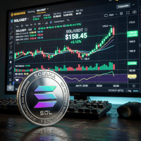 Moneda física de Solana frente a una pantalla de computadora que muestra un gráfico de precios de SOL/USDT con tendencia alcista.