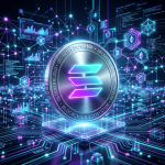 Metallic Solana coin with neon logo amidst blockchain and cryptocurrency digital network