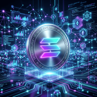 Metallic Solana coin with neon logo amidst blockchain and cryptocurrency digital network