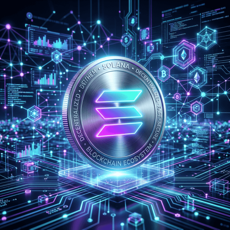 Metallic Solana coin with neon logo amidst blockchain and cryptocurrency digital network