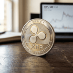 Close-up of a Ripple XRP digital asset coin standing on a wooden table