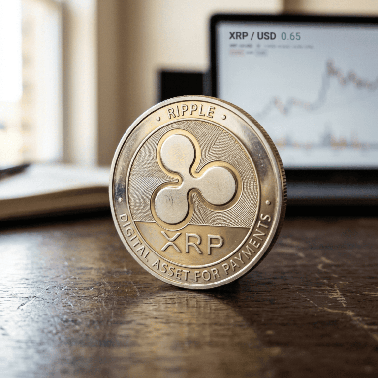 Close-up of a Ripple XRP digital asset coin standing on a wooden table