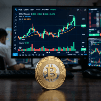 Jeton Bitcoin physique devant un écran d'ordinateur affichant un graphique de prix de cryptomonnaie avec des chandeliers et des barres de volume