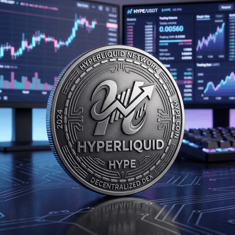 HyperLiquid cryptocurrency coin in front of computer screens displaying trading charts
