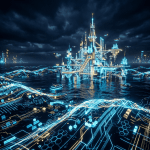 Neon-lit futuristic city with floating structures and digital waves on water at night