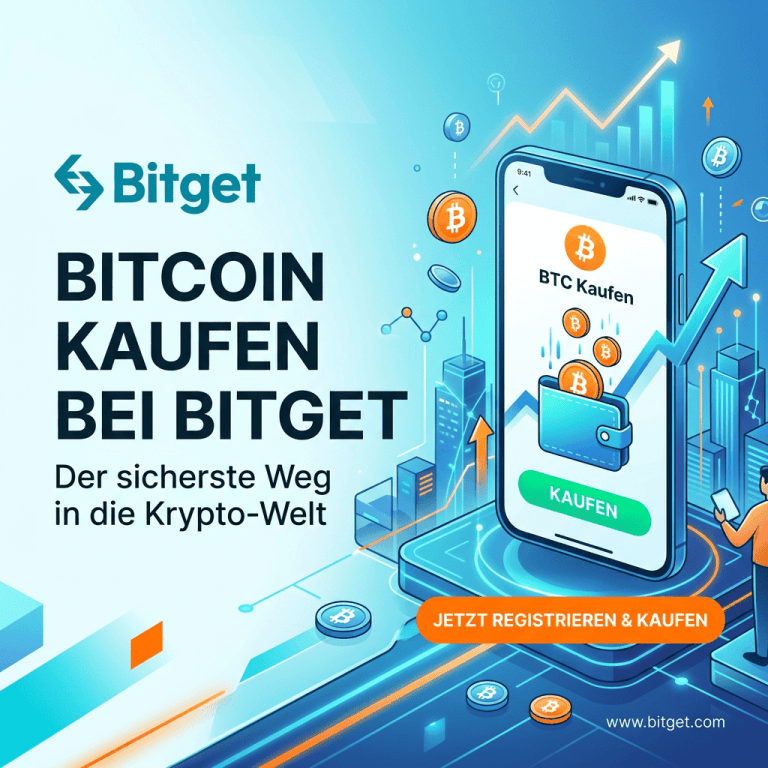 Advertisement for buying Bitcoin on Bitget platform with mobile app illustration