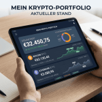 Tablet showing cryptocurrency portfolio value, Bitcoin and Ethereum prices, and charts.