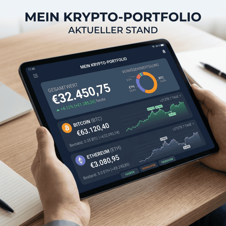 Tablet showing cryptocurrency portfolio value, Bitcoin and Ethereum prices, and charts.