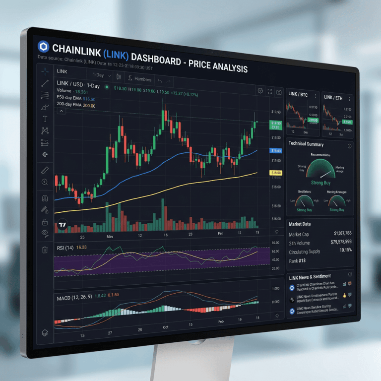 Chainlink cryptocurrency price chart with technical indicators on a trading dashboard
