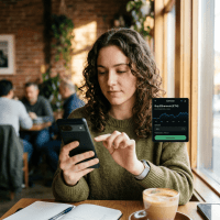 Woman using smartphone to buy Ethereum on Coinbase app in cafe