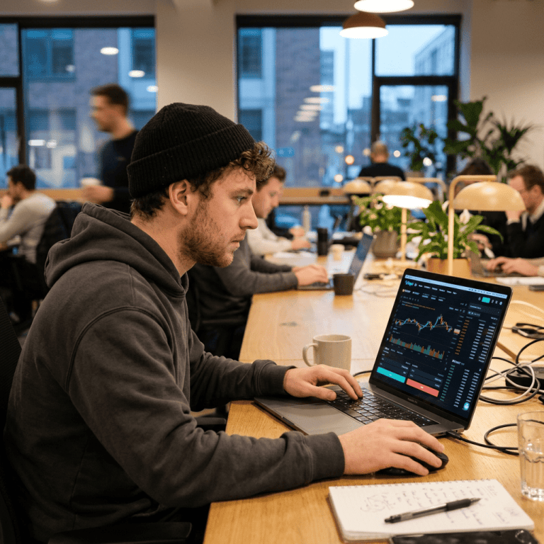 Man wearing black beanie working on cryptocurrency trading platform on laptop