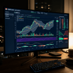 Monero XMR/USD trading chart with candlesticks, volume bars, and technical indicators on a computer monitor