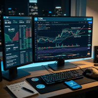 Monitores duales mostrando gráficos de precios de criptomonedas TON, libro de órdenes, resumen de cartera e historial de operaciones