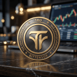Pièce de cryptomonnaie Tao or et noir avec graphiques de trading sur l'écran d'un ordinateur portable en arrière-plan