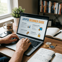 Laptop screen showing a crypto beginner guide with sections on Bitcoin, wallet setup, buying coins, and security