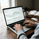 Laptop screen displaying stock market charts and technical indicators with hands typing