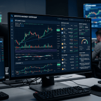Cryptocurrency market dashboard showing BTC, ETH prices, charts, and market data