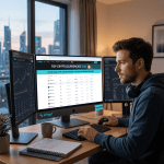 Man analyzing cryptocurrency prices and charts on three monitors at a desk