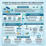 Infographic summarizing EU DAC8 crypto tax regulation including key provisions, affected parties, and reporting process.