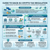 Infographic summarizing EU DAC8 crypto tax regulation including key provisions, affected parties, and reporting process.