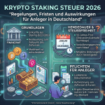 Infographic on 2026 crypto staking tax regulations, deadlines, and investor duties in Germany.