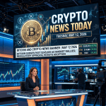 News anchor in studio with large screen showing crypto news and rising prices